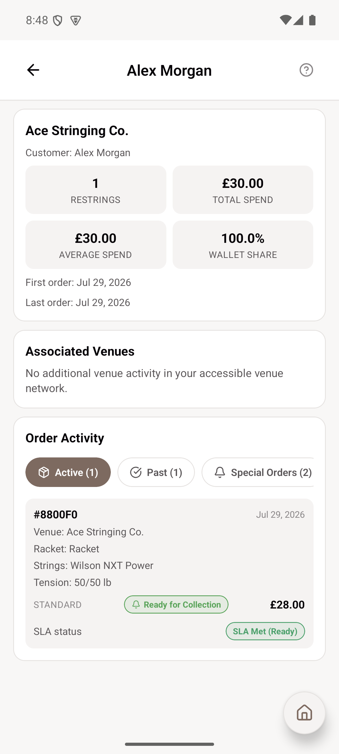 A customer's full order and spend history