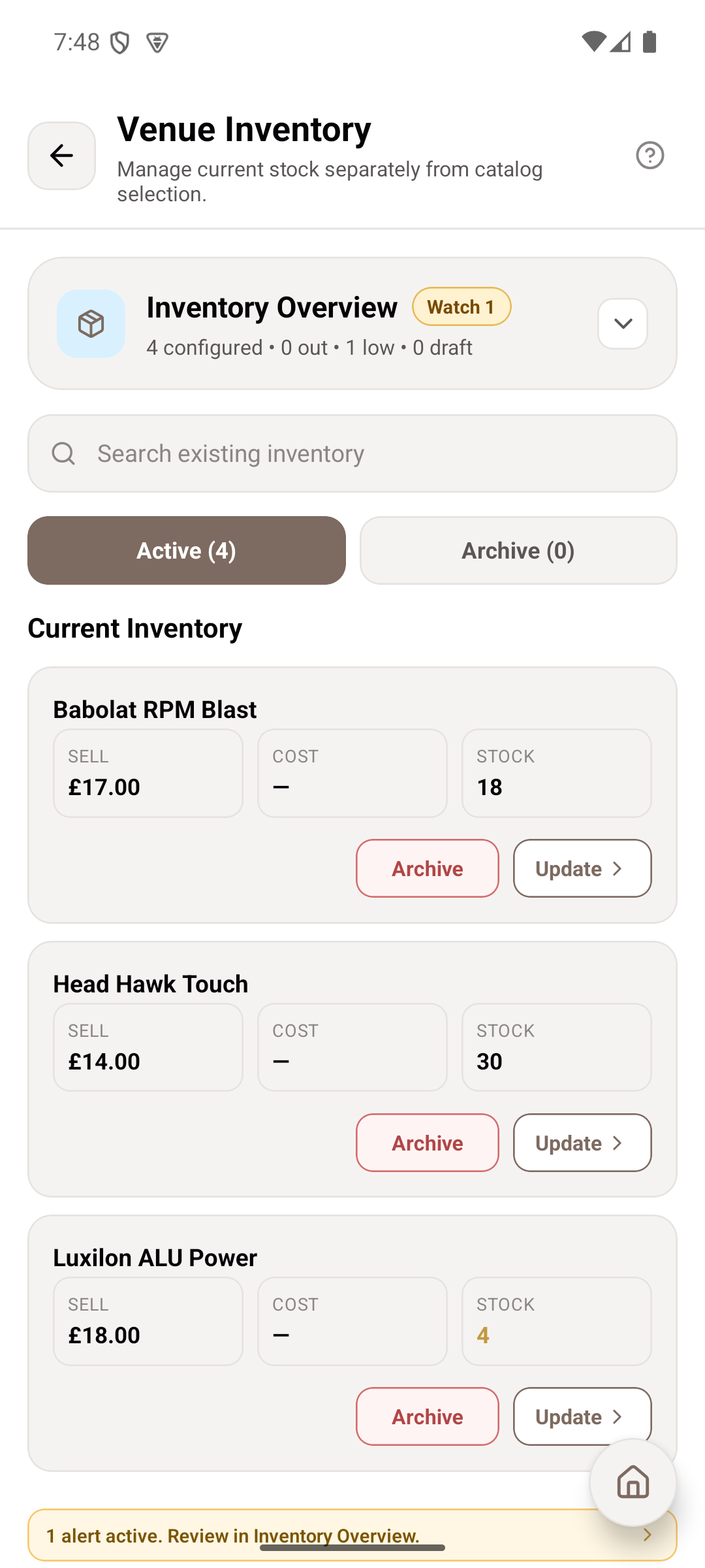 String stock and low-stock alerts