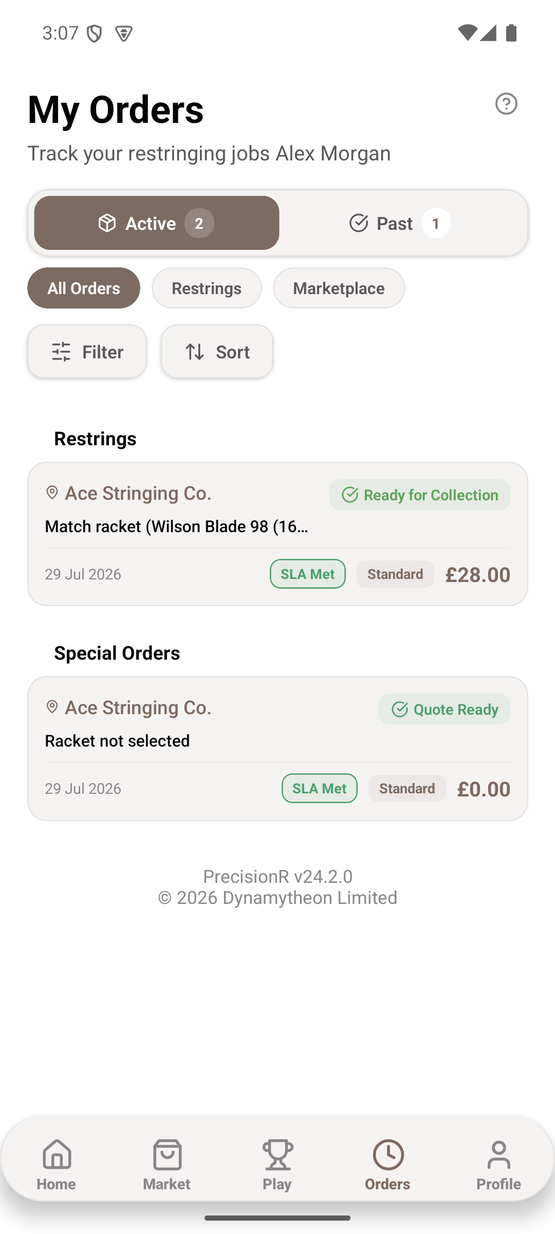 PrecisionR order tracking screen